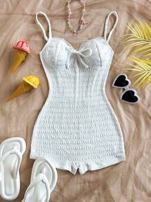 Soleia Sexy Textured Fabric Lace Trim Spaghetti Strap Romper For Women, Fitted Style, Suitable For Vacation, Music Festival, Bohemian, Holiday, Date Night, Afternoon Tea, Beach Outfit - White - View 6