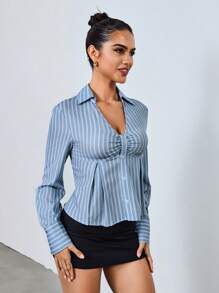 Roylia Fashionable Striped Fabric, Deep V Waist Cut, Casual Versatile Shirt Fall Cloth For Women - Blue and White - View 5