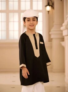 SHEIN Young Boy Contrast Color Round Neck Button Half-Placket Long Sleeve Casual Shirt - Black - View 4