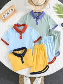 6pcs/Set Young Boys Casual College Contrast Color Block Short Sleeve Polo Shirt & Shorts Set, Multi-Pack, Suitable For Spring/Summer, Outdoor, School, Street, Party, Home, High Cost-Effectiveness