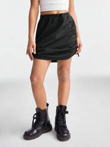 SHEIN 青少年女孩春夏音乐节可调节腰部黑色抽绳侧裙