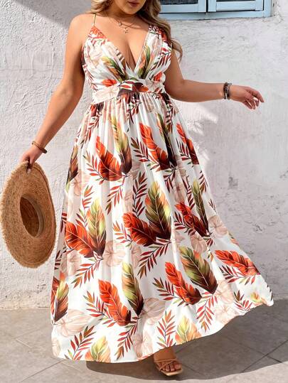 SHEIN VCAY Plus Size Tropical Leaf Print V-Neck A-Line Backless Dress, Summer Outfits For Women, Beach, Summer Clothes Women, Sundress