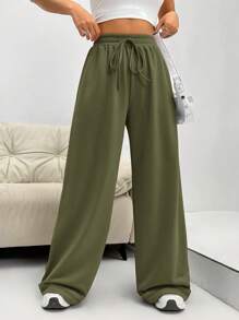 SHEIN EZwear Women Solid Color Waist Tie Pocket Loose Casual Sweatpants