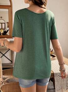 SHEIN Áo thun bà bầu tay ngắn màu trơn thiết kế nút cho con bú - màu xanh lá - Xem 2