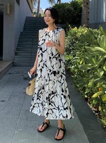 DAZY Vestido largo y holgado sin mangas elegante para mujeres, estilo de vacaciones con diseño floral - Blanco y Negro - Ver 1