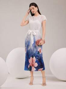 Modelyn Damen Blumen-Druckkleid mit rundem Ausschnitt und Kurzarm, elegantes langes Kleid - Blau - Übersicht 3