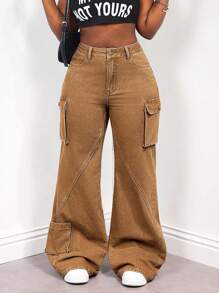 SHEIN Slayr Celana Jeans Wanita Model Flare dengan Kantong Kargo, Kasual, dan Serbaguna - Coklat - View 1