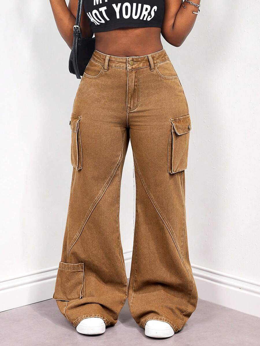 SHEIN Slayr Celana Jeans Wanita Model Flare dengan Kantong Kargo, Kasual, dan Serbaguna - Coklat - View 1