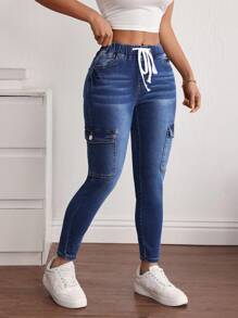 SHEIN PETITE Women's Casual Drawstring Waist Slim Fit Cargo Jeans - Blue - View 5