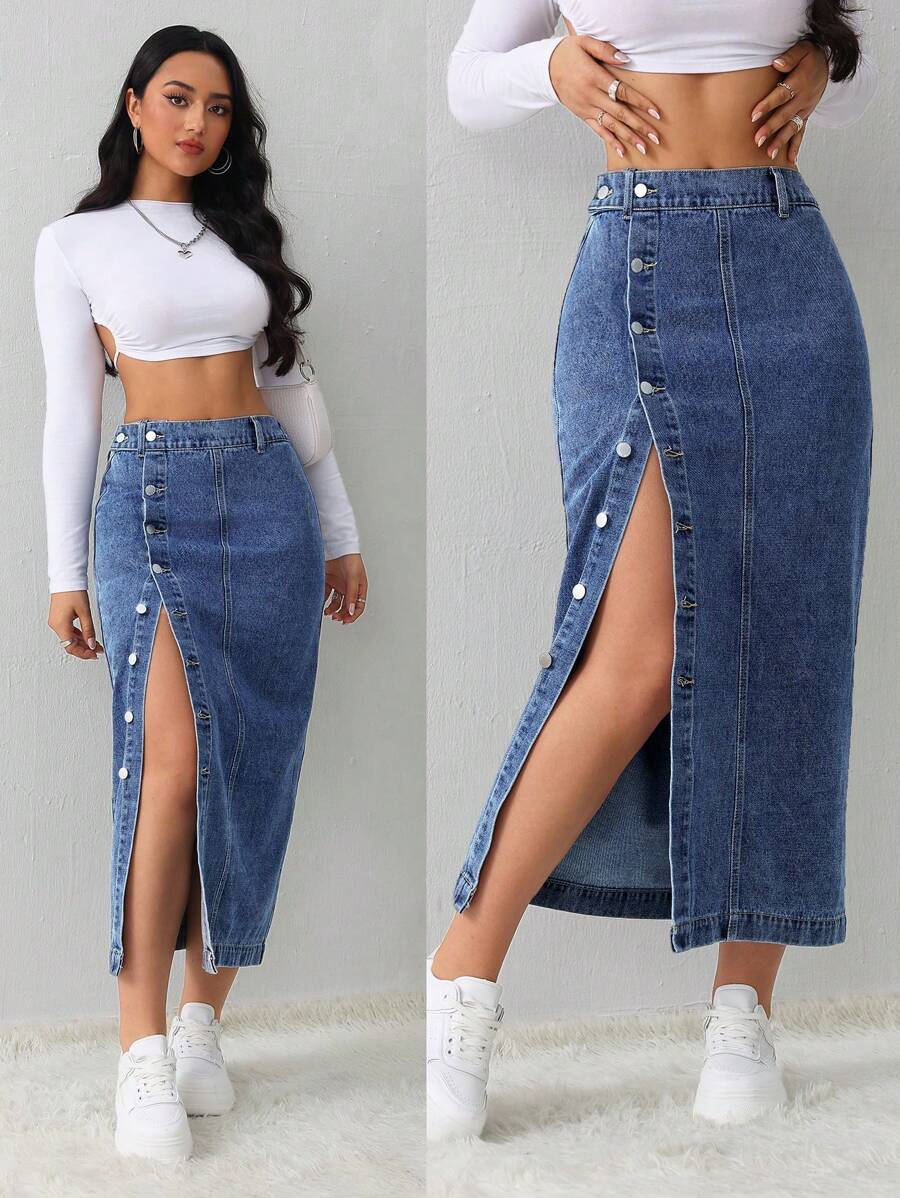 SHEIN Tall 女士牛仔半身裙休闲宽松侧开叉蓝色中裙高腰女裙浅蓝色短裙蓝色裙子冬季女装 - 深色水洗藍 - 查看 1