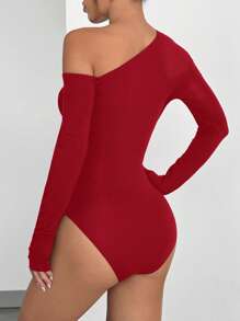 SHEIN EZwear Women Solid Color Asymmetrical Neck Long Sleeve Casual Bodysuit