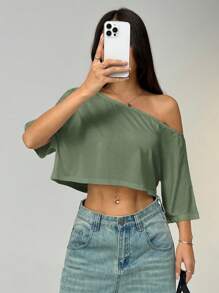 SHEIN EZwear Casual Solid Color Boat Neck Loose Short Hem T-Shirt - Green - View 3