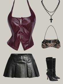 SHEIN ICON 女士纯色勃艮第红色蝴蝶结装饰时尚 PU 皮革挂脖吊带背心