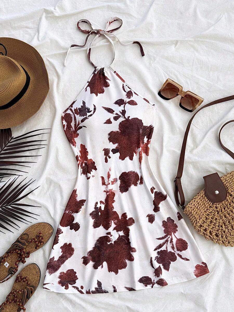 Soleia Women's Cowprint Halter Backless Summer Dress, Vacation Style - Multicolor - View 1