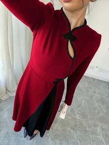 Rafferiza 女士复古泡泡袖优雅黑白拼布纽扣连衣裙长款女装 - 紅色 - 查看 6