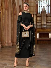 Al Najma Damen elegantes Kleid im Arabierstil mit Folienprint Patchwork und Schulterbändern - Schwarz - Übersicht 4