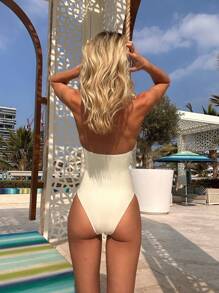 女士纯色金属花朵装饰系带连体优雅泳衣，夏季沙滩装