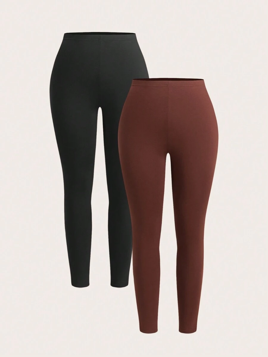 SHEIN EZwear Quần legging dệt kim màu trơn cỡ lớn cho nữ - Cà phê nâu - Xem 1