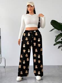 SHEIN EZwear 大码休闲直筒裤，带蝴蝶结和条纹印花 - 白色 - 查看 4