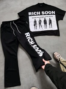 Manfinity EMRG Conjunto de camiseta corta con gráfico y pantalones, estilo urbano para hombres