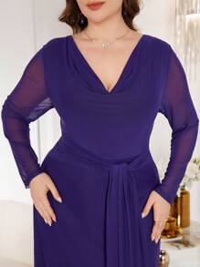 Modelyn 女士荷叶边高领长袖修身优雅派对连衣裙，柔软舒适网眼缎带加大码