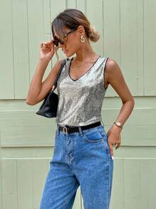 SHEIN LUNE Neuer Pailletten verzierter ärmellose Lässig Tank Top für Frühling & Sommer, Streetfashion Top für Valentinstag