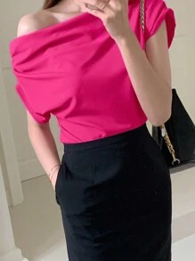 DAZY Casual Solid Color Asymmetrical Ruched Collar T-Shirt,Crop Tops Women - Hot Pink - View 6