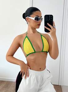 EgrlEra Women's Hipple Style Streetwear Adjustable Crocheted Knit Crop Top For Spring & Summer Going Out Tops - Yellow - View 5