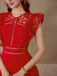 MOTF PREMIUM CONTRAST LACE TIERED LAYER DRESS - Red - View 3