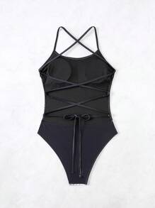 SHEIN Swim Traje de baño de una pieza con estampado, escote halter y espalda descubierta para mujer, conjunto de atuendos bohemios para playa y festival de verano - Blanco y Negro - Ver 4