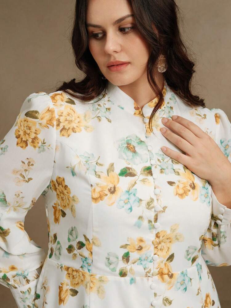 Plus Size Women Elegant Floral Print Stand Collar Fitted Long Sleeve Dress, Spring Najma Dress Curve Floral Dress Curve Spring Dress Resort Wear 2025