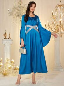 Modelyn 女士拼布丝带甜心领喇叭袖连衣裙，优雅 - 水鴨藍 - 查看 5