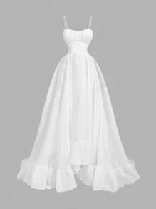 SHEIN MOD Bianco,Estivo,Elegante,Abito da donna per invitata a matrimonio,Abito corto davanti e lungo dietro con lunghezza regolabile,Outfit da vacanza e spiaggia,Abito per Mardi Gras e laurea - Bianco - Visualizzare 3