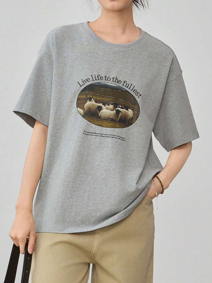 Dazy-Less Loose Casual Business Letter & Graphic Print Short Sleeve Women T-Shirt Old Money Style Summer - Grey - View 1