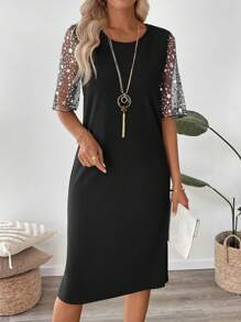 EMERY ROSE Women's Patchwork Pentagram Mesh Short Sleeve Straight Midi Dress Summer Dresses For Women - Black - View 5