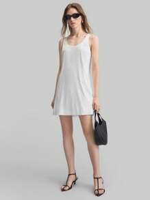 Ontre Women Solid Color Ribbed Mini Dress With Open Back Design, Simple & Elegant Urban Style, Sleeveless Short Dress, White, Spring/Summer - White - View 6