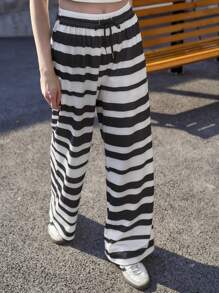 INAWLY Women Casual Striped Drawstring Waist Wide Leg Pants - Black and White - View 6