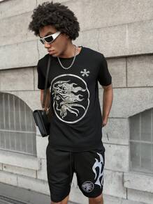 PAVTROS Men's Graphic Print Short Sleeve T-Shirt And Shorts Set, Making It An Excellent Gift Idea For Boyfriends Or Husbands. Men Clothes Men T Shirt Co Ords Graphic Tees For Men,Men's Young Street Style, INS Versatile Best-Selling  T-Shirt Set , The Personalized Patterns On The Chest And Shorts Are Full Of Fashion Sense. The Overall Style Is Avant-Garde And Bold, Showing A Unique Street Fashion Atmosphere, Suitable For Outdoor Sports And Leisure Occasions. - Black - View 5