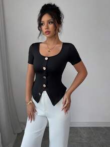 Selianne 1pc Women's Square Collar Slim-Fit Short Sleeve T-Shirt With Metal Button Decor, Elegant - Black - View 5
