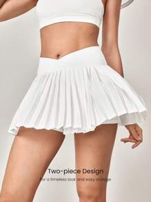 GLOWMODE Let's Play Sweat-Wicking Stretchy Mid-Rise Crossover Waist Pleated Tennis Skirt With Built-In Shorts Side Pockets Tennis Golf Daily - White - View 6