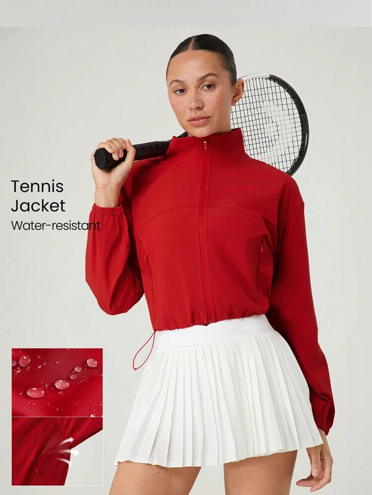 Water-Resistant Lightweight Tennis Underarm Back Mesh Panel Adjustable Hem Waist Length Jacket Workout Traning Tennis