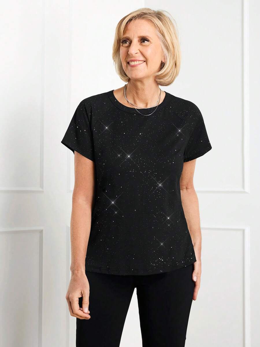SHEIN LUNE Women's Elegant Party Black Sequin Round Neck Short Sleeve T-Shirt, Spring/Summer