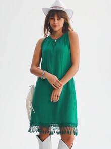 SHEIN LUNE Solid Fringe Hem Tank Dress - Green - View 5