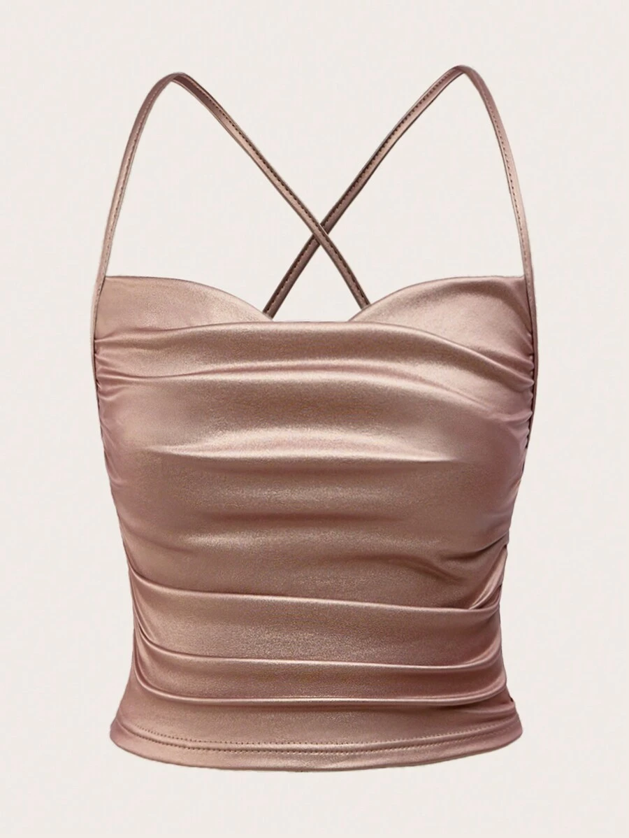 SHEIN ICON Áo ba lỗ hở lưng bằng da PU có dây buộc phía trước - Bụi hồng - Xem 1