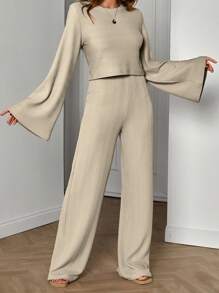 EURMUSE Women Top And Wide Leg Pant Two Pieces Set - Beige - View 4
