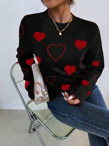 Chiquease Nouveau pull casual en tricot côtelé à col rond, motif cœur pour la Saint-Valentin, style ample, Automne/Hiver 2024