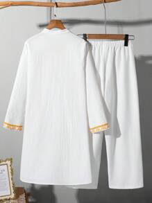 SHEIN Leap Crew 2pcs/Set Tween Boy Casual Gentleman Style Mandarin Collar Long Sleeve Shirt Jacket And Pants Set, Suitable For Commuting, School, Daily Casual Wear, Sports, Spring/Summer - White - View 2