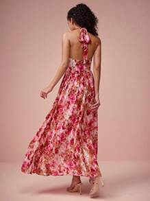 Enchnt Women's Elegant Floral Print Backless Dress