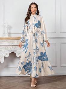 Modelyn 女式花卉印花立领灯笼袖荷叶边下摆超长阿拉伯长款端庄优雅连衣裙，端庄优雅风格适合日常休闲/旅游/假日/度假/派对 - 藍色 - 查看 6