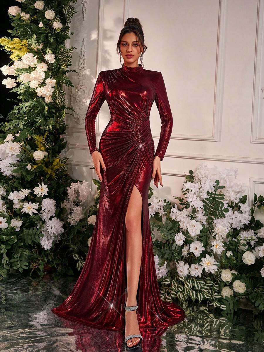 Glamrae Women Elegant And Elegant Dark Red Stretch Knitted Long Sleeves Slim Fit Fishtail High Slit Dress, Suitable For Dinner Bachelor Party Valentine's Day Vacation Back To School Season, Formal Evening Dress, Wedding Guest Dress